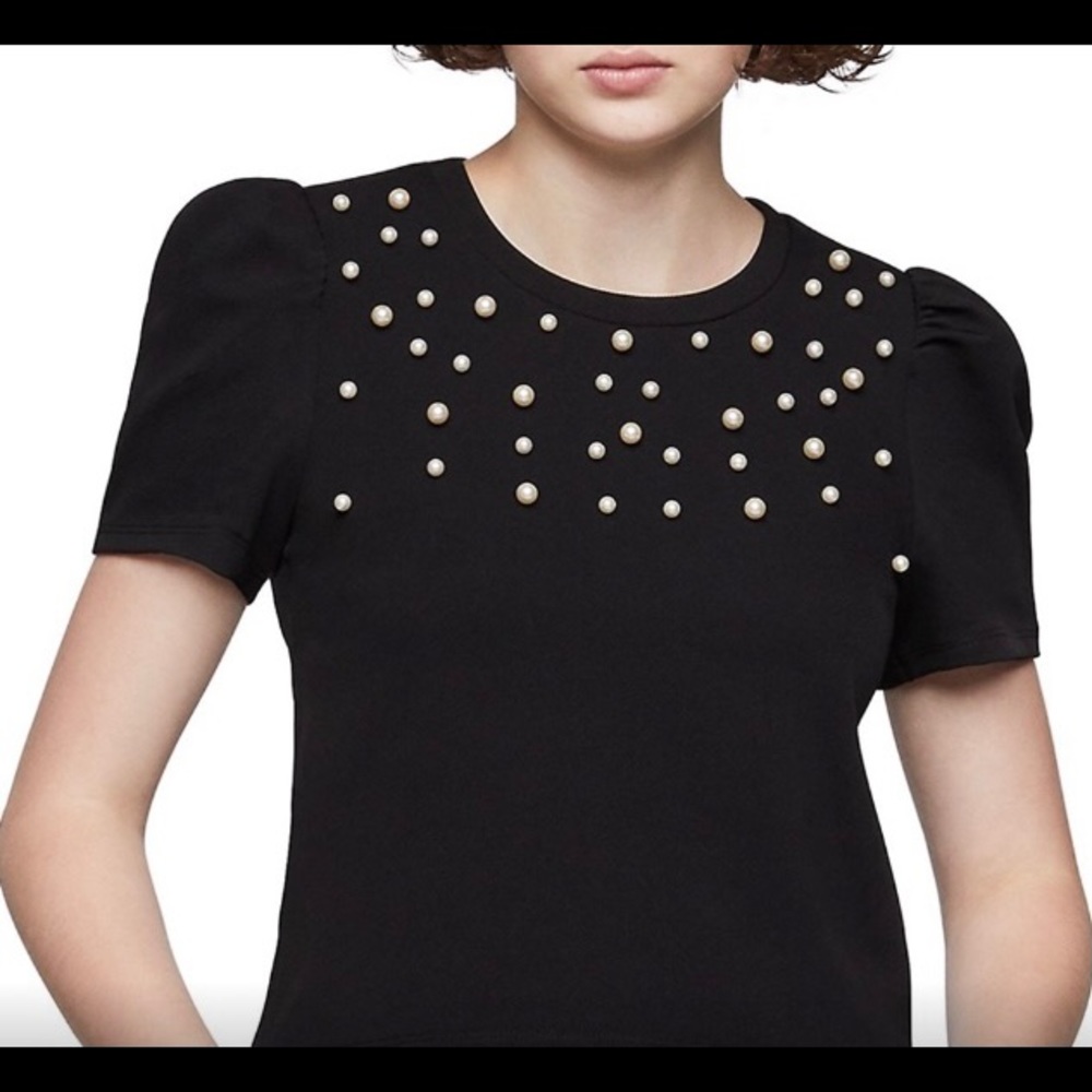 BCBG PEARLESCENT PUFF SLEEVE SHORT SLEEVE TOP